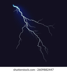 A vibrant blue lightning bolt extends downward in jagged formations, showcasing the raw power of nature. The dark backdrop emphasizes the electric energy and dramatic effect.