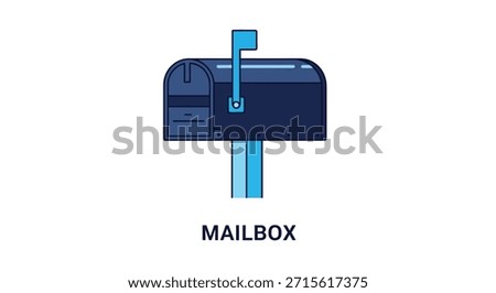 A vibrant blue mailbox design is depicted, notable for its distinct, flat silhouette style.