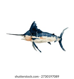 Arte vetorial de peixe marlin azul vibrante com estilo aquarela, ideal para projetos de vida marinha, pesca esportiva, temas oceânicos ou projetos de vida selvagem.
