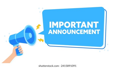 Vibrant Blue Megaphone Announcement Illustration for IMPORTANT ANNOUNCEMENT with Hand Holding Sign