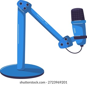 Um microfone azul vibrante com uma parte superior de malha preta é montado com segurança em um suporte ajustável azul correspondente, pronto para a captura de áudio.