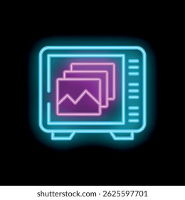 Vibrant blue neon icon of a digital tablet showcasing a gallery of images with a bright pink outline, set against a stark black background