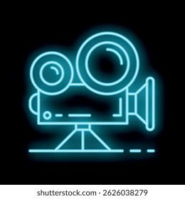 Sinal de néon azul vibrante representando uma câmera de filme vintage em um tripé, emitindo um brilho cativante contra um fundo escuro