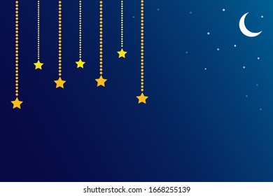 Vibrante ilustración vectorial de fondo azul del cielo. Espacio para el texto con estrellas doradas y luna. Antecedentes de la celebración del Eid. Maqueta estrellada de noche, banner de buen sueño. Adecuado para Navidad.