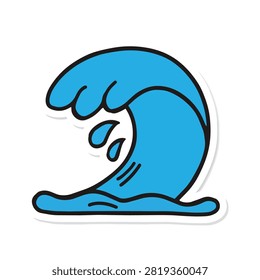 A vibrant blue ocean wave sticker design with a bold outline, isolated on a white background, perfect for surfing or beach-themed graphics.