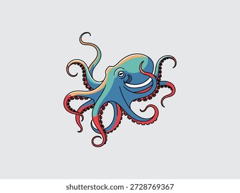 Vibrant blue octopus with red and black tentacles curled and twisted