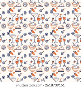 Vibrant Blue and Orange Culinary and Floral Delight Seamless Pattern