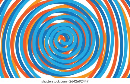 Linhas vibrantes azuis, laranjas e amarelas em espiral criam uma espiral hipnótica, formando um fundo psicodélico abstrato com um efeito de ilusão óptica hipnotizante
