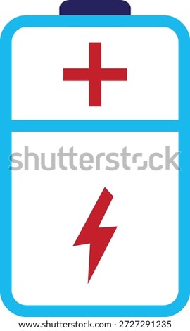 Vibrant blue outlined battery icon with red plus sign and lightning bolt representing power charge and energy level
