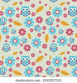 Vibrant Blue Owls and Floral Fantasia in a Soft Seamless Design