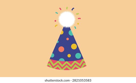 Vibrant blue party hat adorned with colorful polka dots, a white pompom, and festive confetti on a warm yellow background.