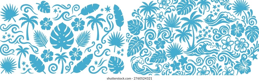 A vibrant blue pattern featuring iconic tropical elements like palm trees, hibiscus flowers, minster leaves, and ocean waves. Ideal for summer-themed designs, travel marketing, or vibrant backgrounds.