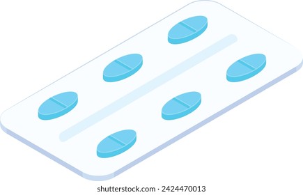 A vibrant blue pill blister pack icon in isometric style, perfect for medical and healthcare designs.