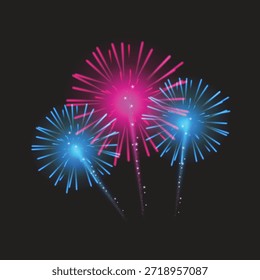 Vibrantes fuegos artificiales azules y rosados explotan contra un cielo oscuro. Moderna Ilustración vectorial de fuegos artificiales.