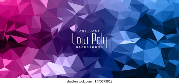 lebhaftes, blau-rosa abstraktes Low-Poly-Banner. Kontrastfarbene geometrische, lebendige Low-Poly-Dreiecksstruktur für Software, i-Design, Web, Apps Tapete, Banner.