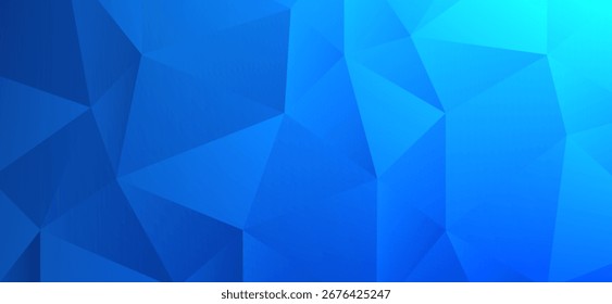 A vibrant blue polygonal background features various shades from dark to light, creating a dynamic, faceted texture that adds depth and visual interest to the abstract design