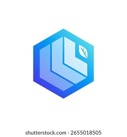 A vibrant, blue and purple gradient hexagonal logo featuring abstract, layered shapes resembling steps or building blocks, with a small leaf accent