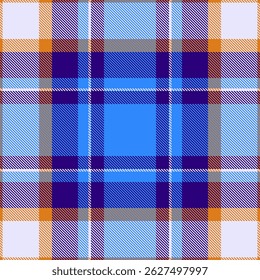 Padrão xadrez azul vibrante, roxo e laranja. Perfeito para design têxtil, vestuário, fundos de site, ou papel de embrulho. Esta matéria têxtil geométrica e audaciosa evoca um sentimento de tradição e estilo.