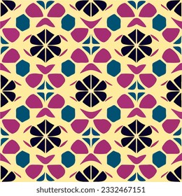 Vibrant blue and red shapes on a sunny yellow backdrop create an abstract and repeating fabric pattern, evoking a seamless and lively design.