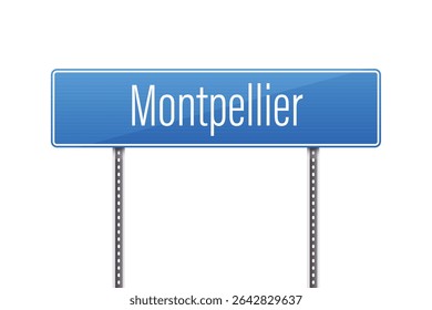 A vibrant blue road sign with white lettering displays "Montpellier" against a plain white backdrop. The sign is mounted on silver posts, indicating a city direction.