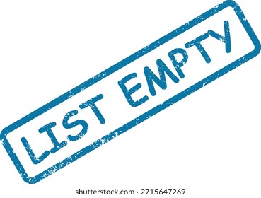 Um vibrante efeito de carimbo de borracha azul com as palavras 'LIST EMPTY' e uma textura angustiada, isolada em um fundo branco limpo. Ideal para indicar ausência de itens.
