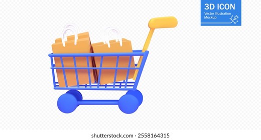 A vibrant blue shopping cart is filled with orange boxes, illustrating a 3D vector design suitable for e-commerce. This colorful mockup emphasizes online shopping themes.