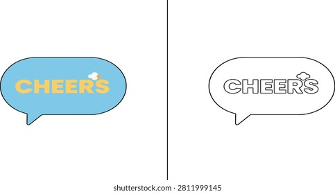 A vibrant blue speech bubble displays the word cheers alongside its black and white outline counterpart