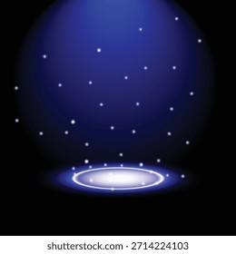 Um projetor azul vibrante ilumina uma área de palco circular, com partículas cintilantes caindo suavemente pelo ar, criando uma atmosfera mágica e misteriosa.