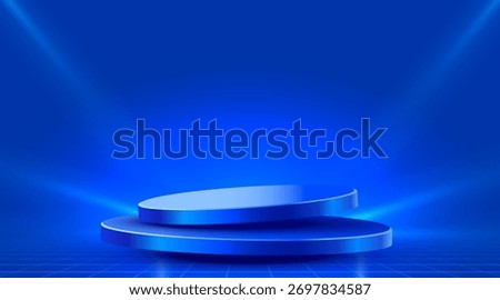 Vibrant Blue Stage Podium with Grid Floor and Spotlights, a dynamic background for product presentation or digital events. Vector illustration