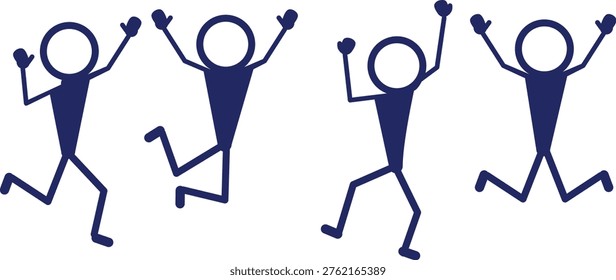 Vibrant blue stick figures are actively jumping and celebrating, conveying concepts of teamwork, success, freedom, and shared happiness in a minimalist graphic style.
