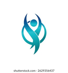 A vibrant blue and teal gradient logo featuring an abstract figure with arms raised within a circular element, conveying energy, movement, health, and well-being.