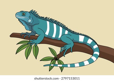 Vibrant blue and teal striped iguana lizard perching on a tree branch, stylized cartoon vector illustration