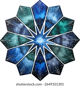 Ilustração vibrante azul aquarela starburst com seções de nebulosa e elementos estrelados. Este design vetorial abstrato e celestial é perfeito para fundos, padrões e decoração artística.