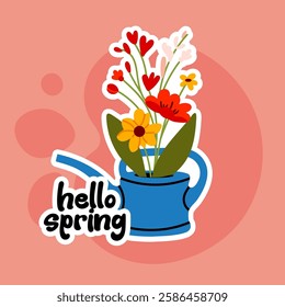 Vibrant blue watering can filled with colorful spring flowers on a peach background with the text "hello spring