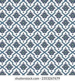 A vibrant blue and white floral geometric pattern