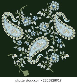 A vibrant blue and white floral pattern paisley against a refreshing green backdrop