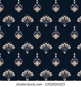 A vibrant blue and white flower pattern on a striking dark background