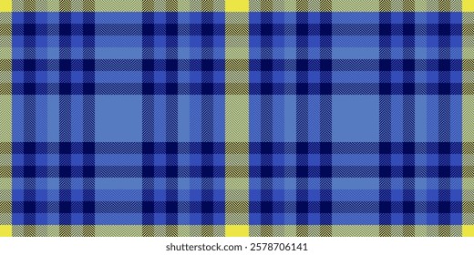 Vibrant blue and yellow plaid pattern. Seamless textile texture ideal for fashion, web design, and print projects.  Crisp, modern style, perfect for backgrounds or surface designs.