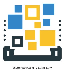 Vibrant blue and yellow squares on a clean white background with a black base