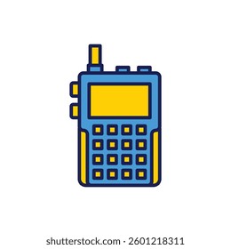 Vibrant blue and yellow walkie-talkie illustration with antenna and multiple buttons is isolated on white background Use it for safety or communication themes.