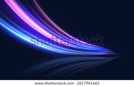 Vibrant blue-violet Stream of curved light lines with neon glow and reflection on dark background for futuristic visuals and interfaces.