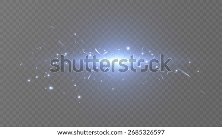 A vibrant blue-white flash of light with glowing particles and scattered sparks on a transparent background. An abstract light explosion for modern design accents.