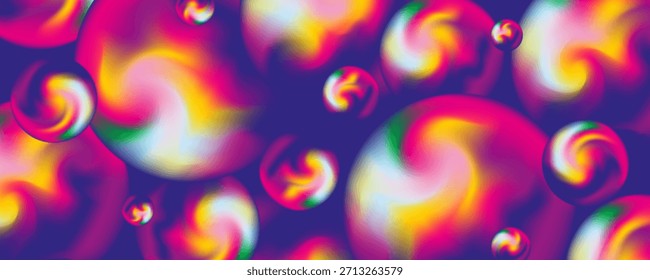 Vibrant blurred gradient spheres and bubbles with swirling rainbow gradientsin neon colors on dark purple background. Psychedelic holographic pattern, Y2K aesthetic. Editable vector illustration.