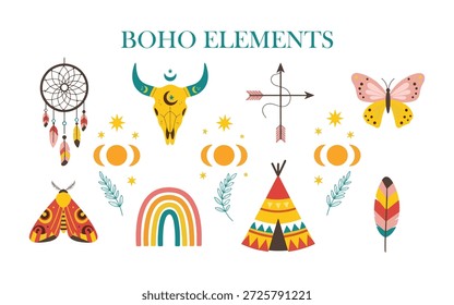 Conjunto boêmio vibrante com um crânio de touro decorado, borboletas coloridas, teepee e ícones da lua.