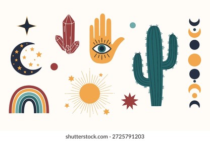 Vibrante conjunto bohemio con fases lunares, un cúmulo de cristal, ojo de Hamsa e iconos de cactus del desierto.