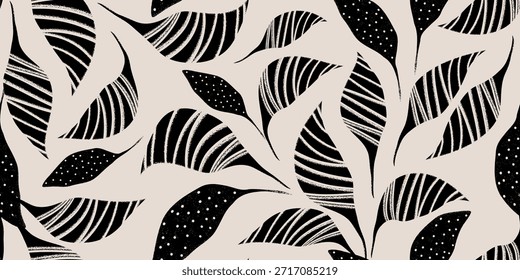 Vibrante boho floral sin patrón. Texturas de hojas elegantes dibujadas a mano para Diseño gráfico contemporáneo, estampados de tela e ilustraciones de fondo románticas