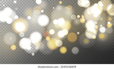 Luces bokeh vibrantes. Abstractas diseño de superposición borrosa. Efecto de luz borrosa brillante. Fondo transparente. Ilustración vectorial.