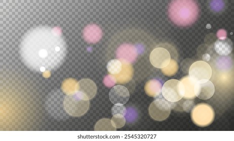 Luces bokeh vibrantes. Abstractas diseño de superposición borrosa. Fondo transparente. Efecto de luz borrosa brillante.  Ilustración vectorial.