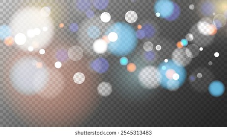 Luces bokeh vibrantes. Efecto de luz borrosa brillante. Fondo transparente. Abstractas diseño de superposición borrosa. Ilustración vectorial.