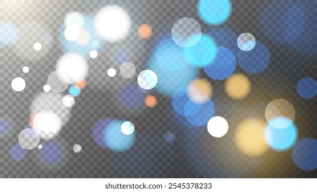 Luces bokeh vibrantes. Fondo transparente. Efecto de luz borrosa brillante. Plantilla de superposición borrosa Abstractas. Ilustración vectorial.